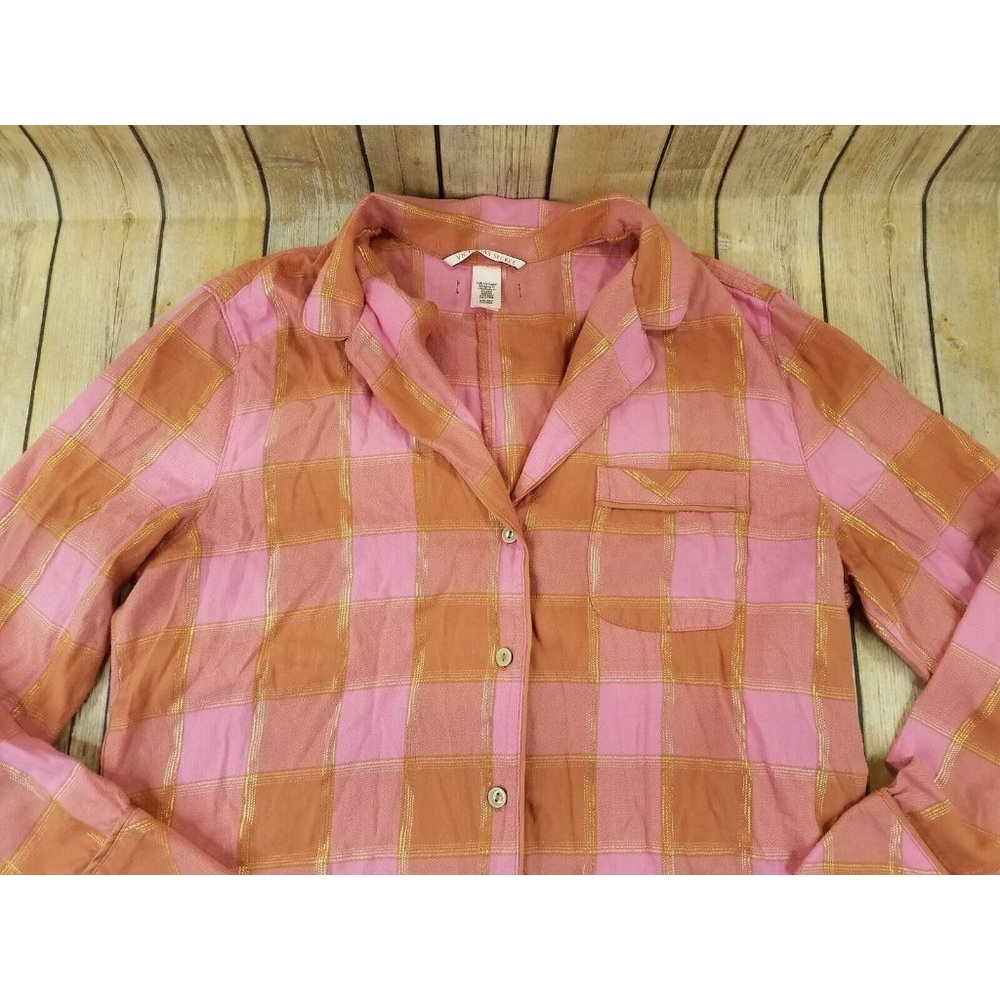 Victoria's Secret Women’s Long Sleeve Button-Up Pajama Romper S Pink Plaid B19 - Picture 2 of 9